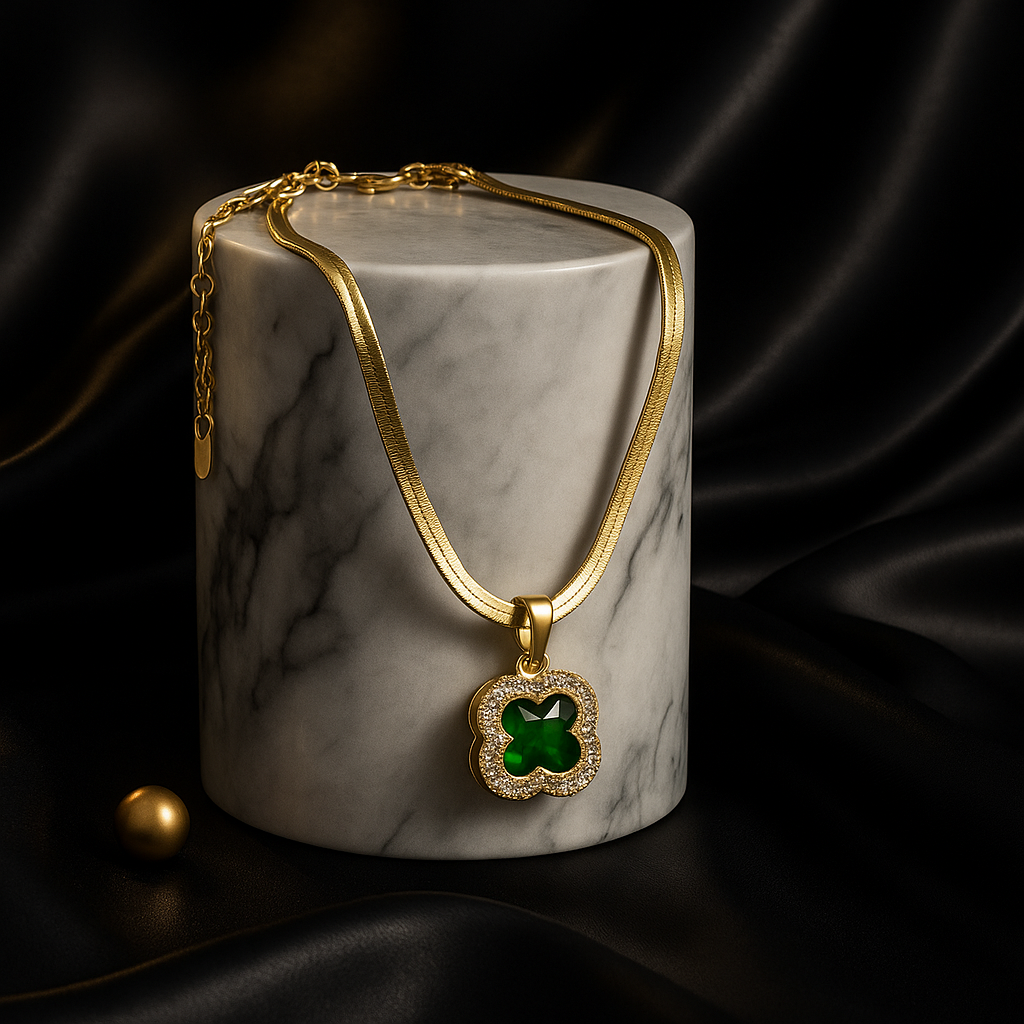 Green Clover Snake Chain Necklace | Tarnish-Free Gold Plated Pendant