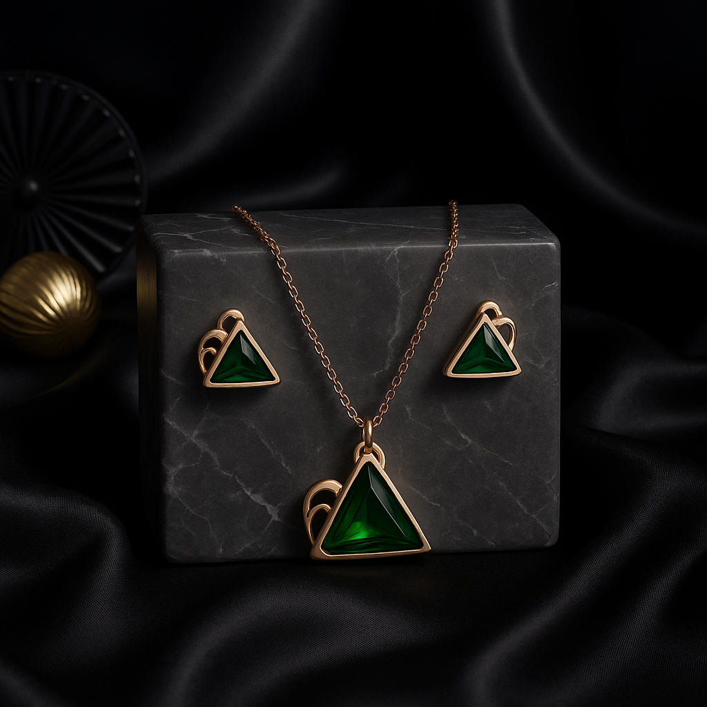 Emerald Green Triangle Jewelry Set | Rose Gold Plated Waterproof Anti-Tarnish
