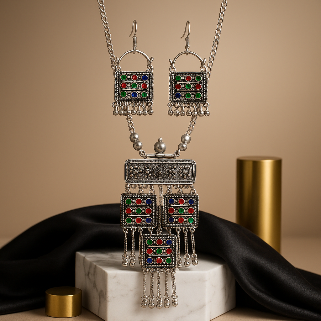 Boho Tribal Multicolor Oxidized Jewellery Set with Square Enamel & Tassels