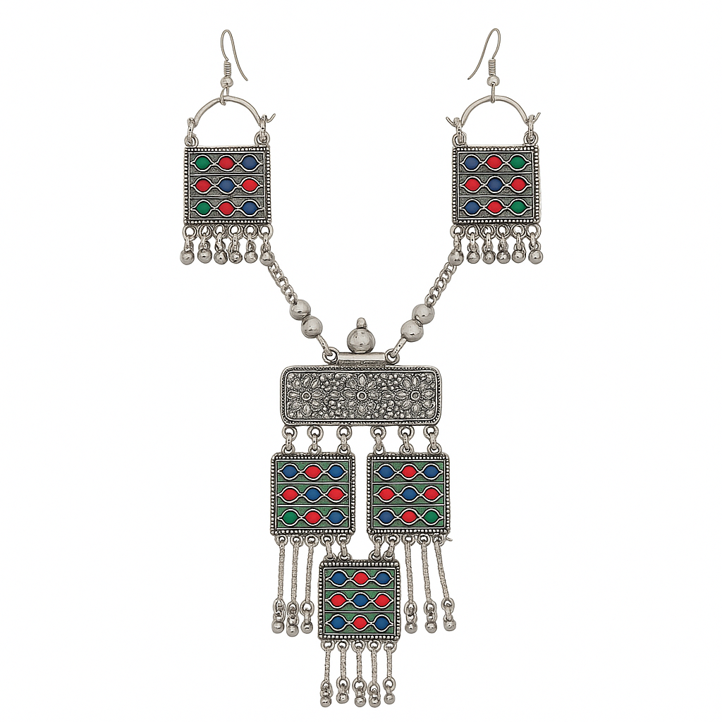 Boho Tribal Multicolor Oxidized Jewellery Set with Square Enamel & Tassels