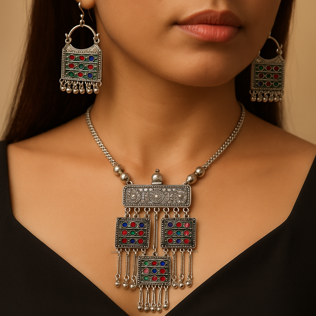 Boho Tribal Multicolor Oxidized Jewellery Set with Square Enamel & Tassels