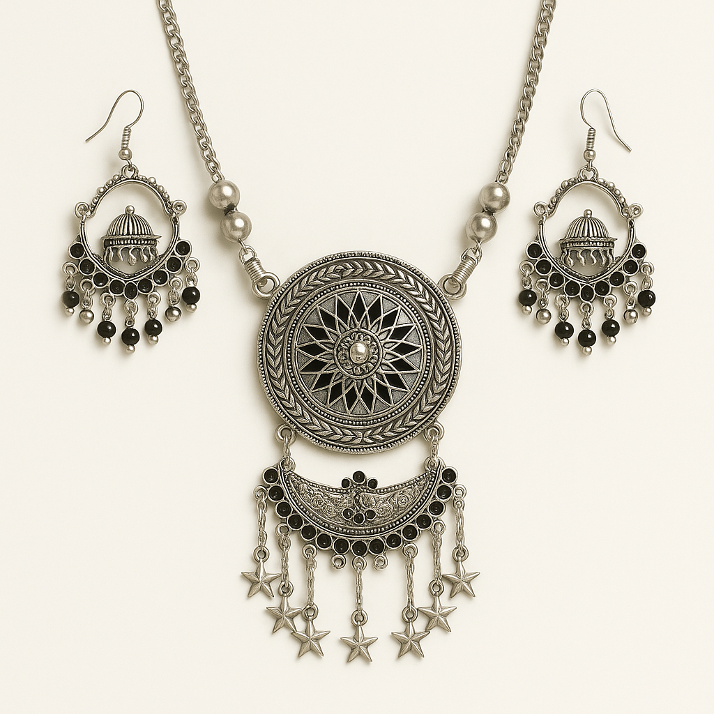 Bohemian Bliss Oxidized Silver Plated Necklace & Earrings Set with Black Beads and Star Charms