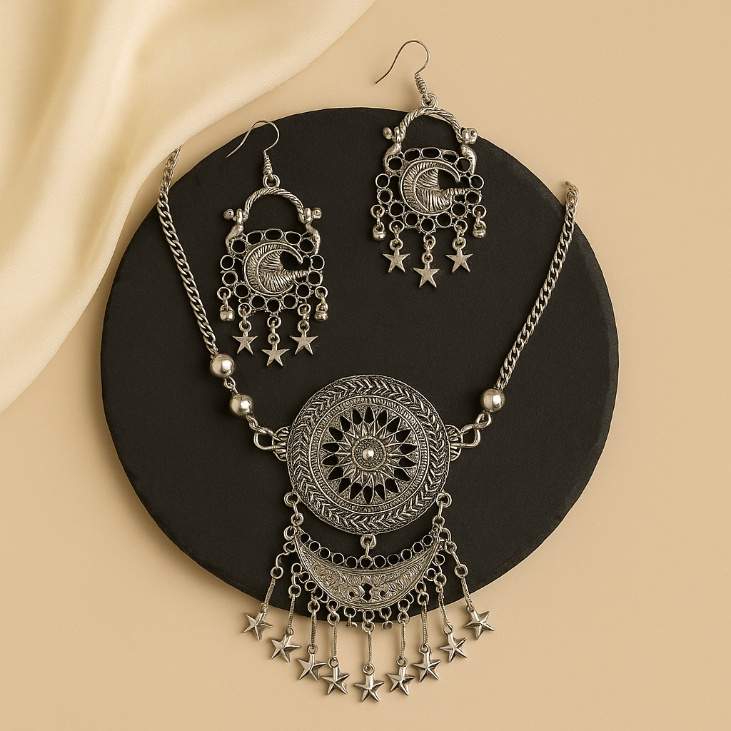 Bohemian Bliss Oxidized Silver Plated Necklace & Earrings Set with Black Beads and Star Charms