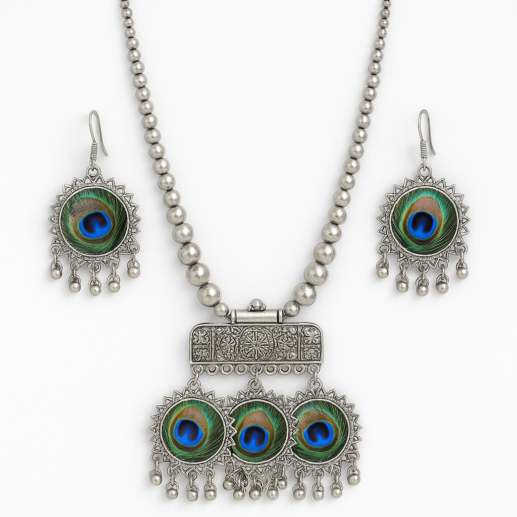 Regal Peacock Oxidized Choker & Earring Set