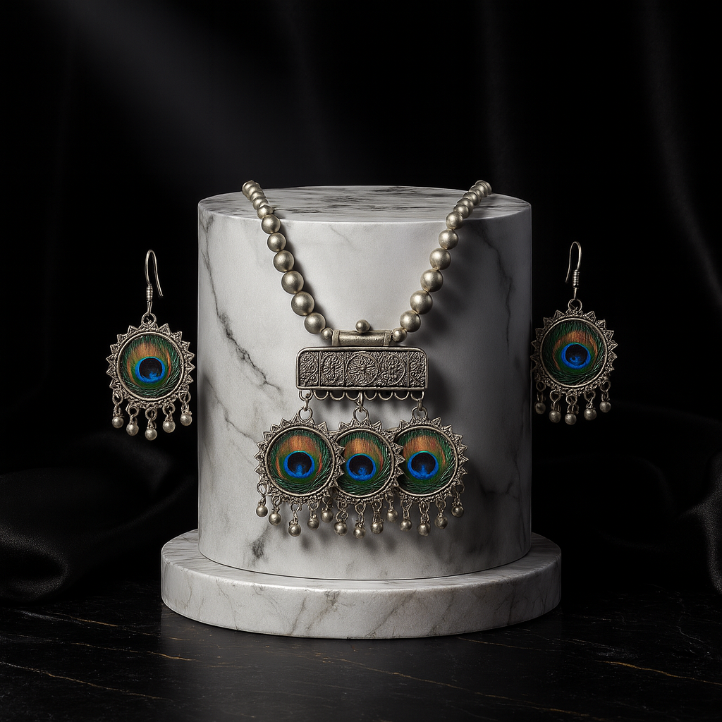 Regal Peacock Oxidized Choker & Earring Set