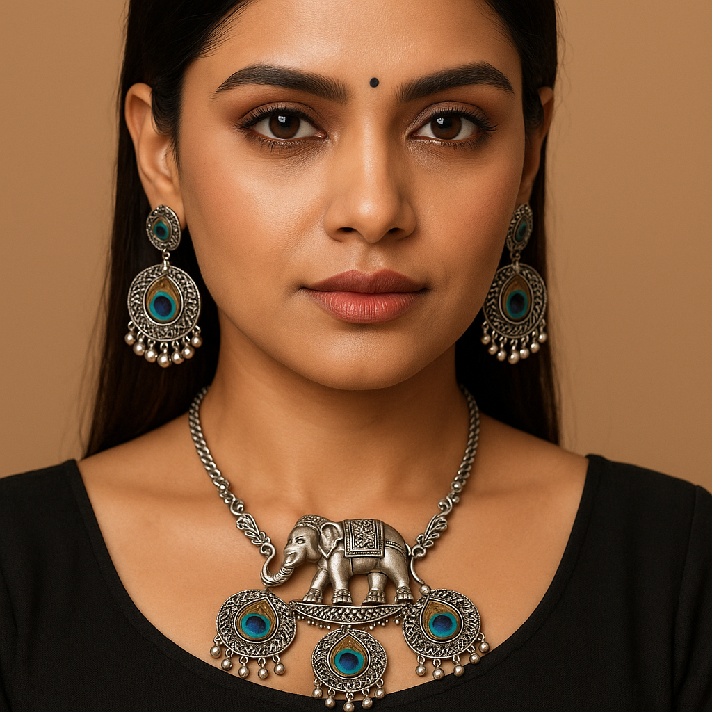 Ethnic Oxidised Silver Elephant & Peacock Motif Necklace Set