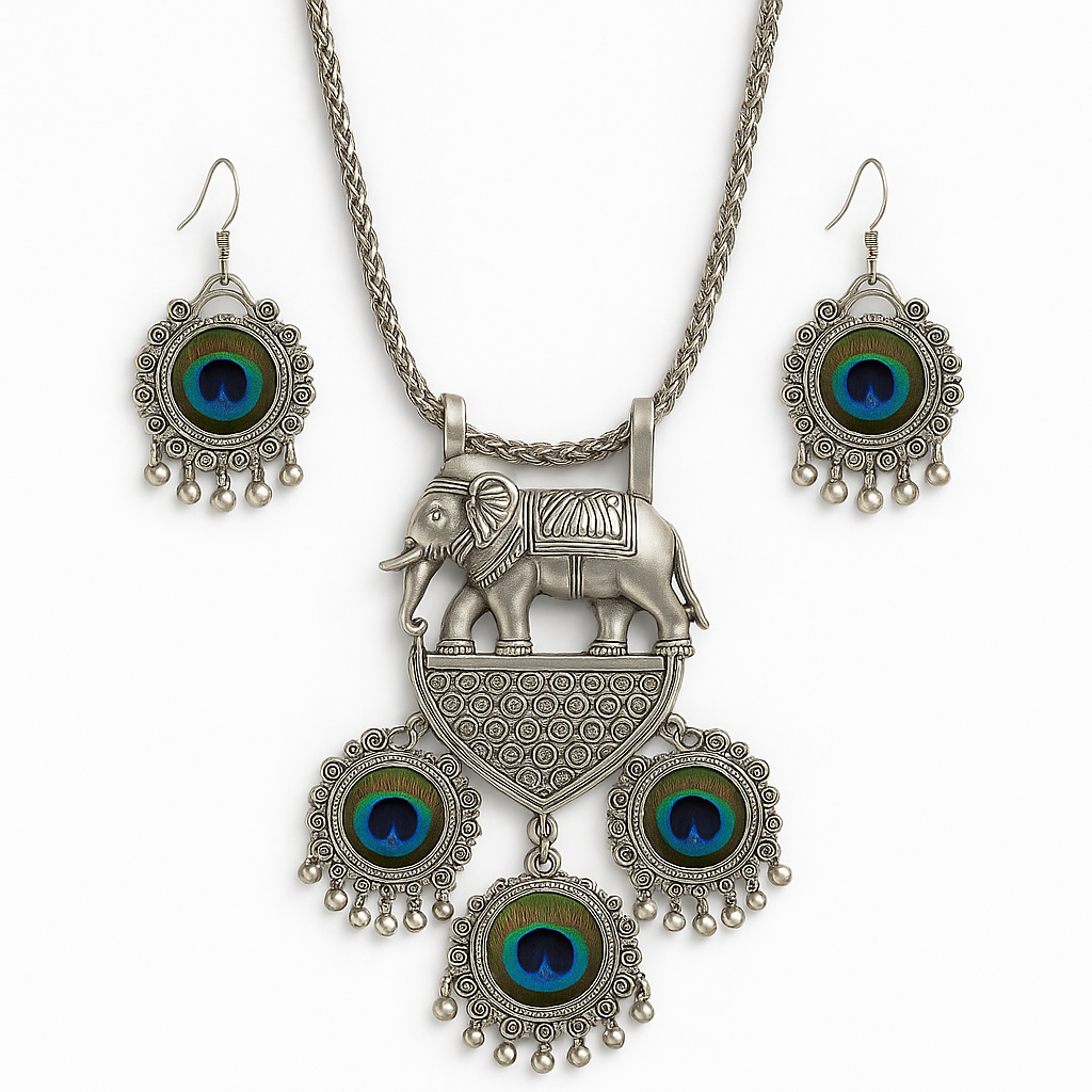 Ethnic Oxidised Silver Elephant & Peacock Motif Necklace Set