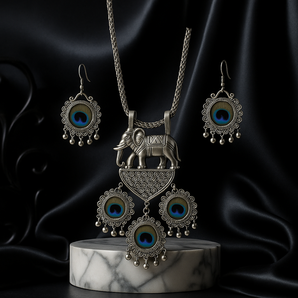 Ethnic Oxidised Silver Elephant & Peacock Motif Necklace Set