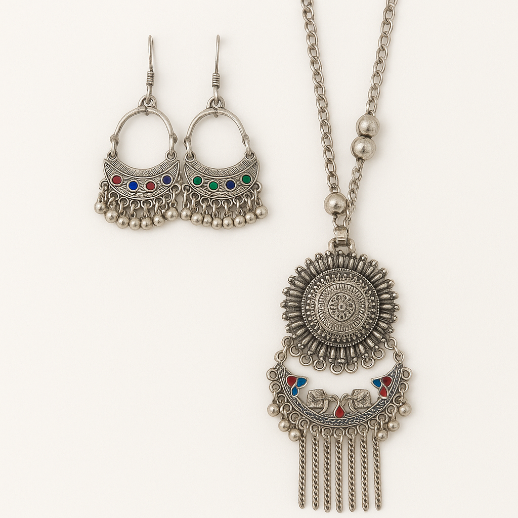 Oxidised Silver Necklace and Earrings Set