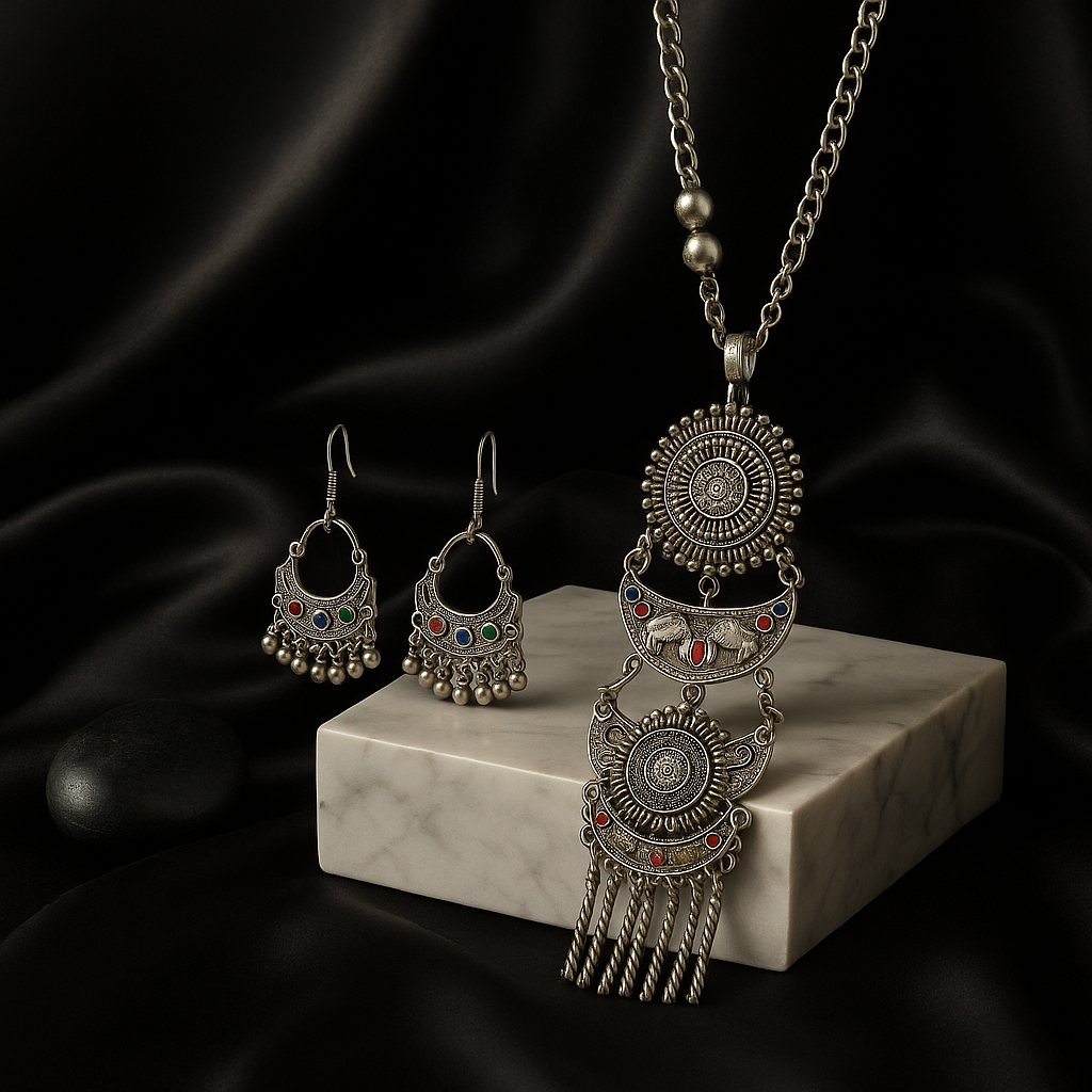 Oxidised Silver Necklace and Earrings Set
