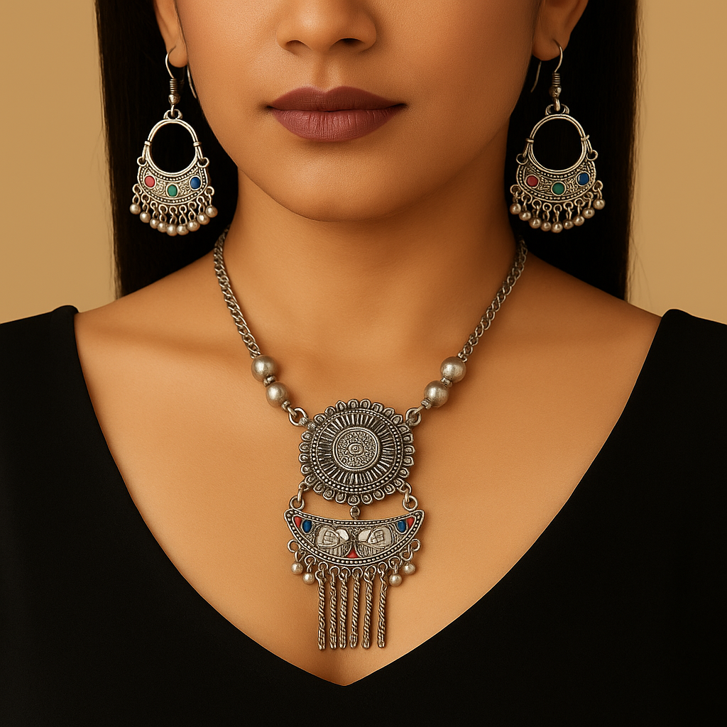Oxidised Silver Necklace and Earrings Set