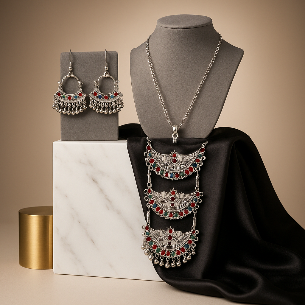 Devi's Delight Oxidized Silver-Look Alike Necklace and Earring Set