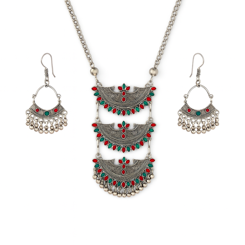 Devi's Delight Oxidized Silver-Look Alike Necklace and Earring Set