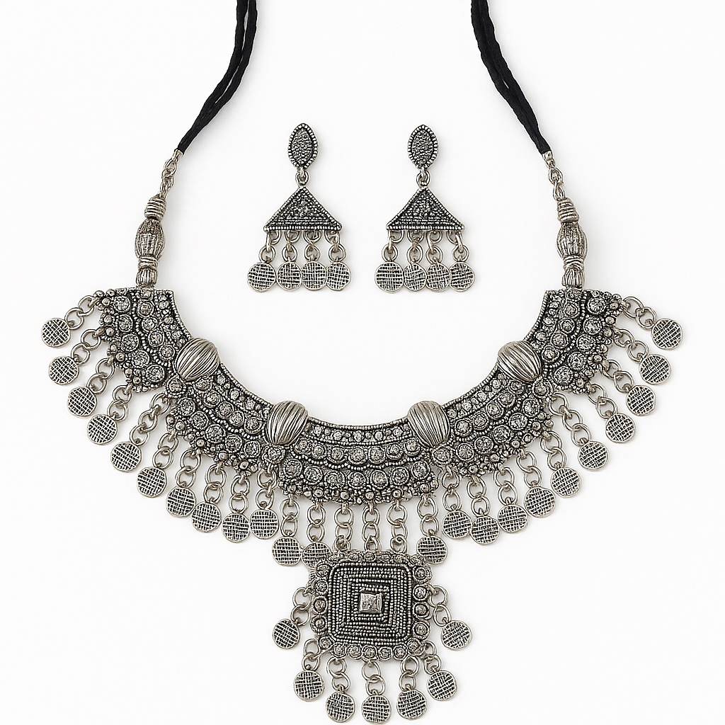 Vintage Boho Oxidized Silver Necklace & Earring Set
