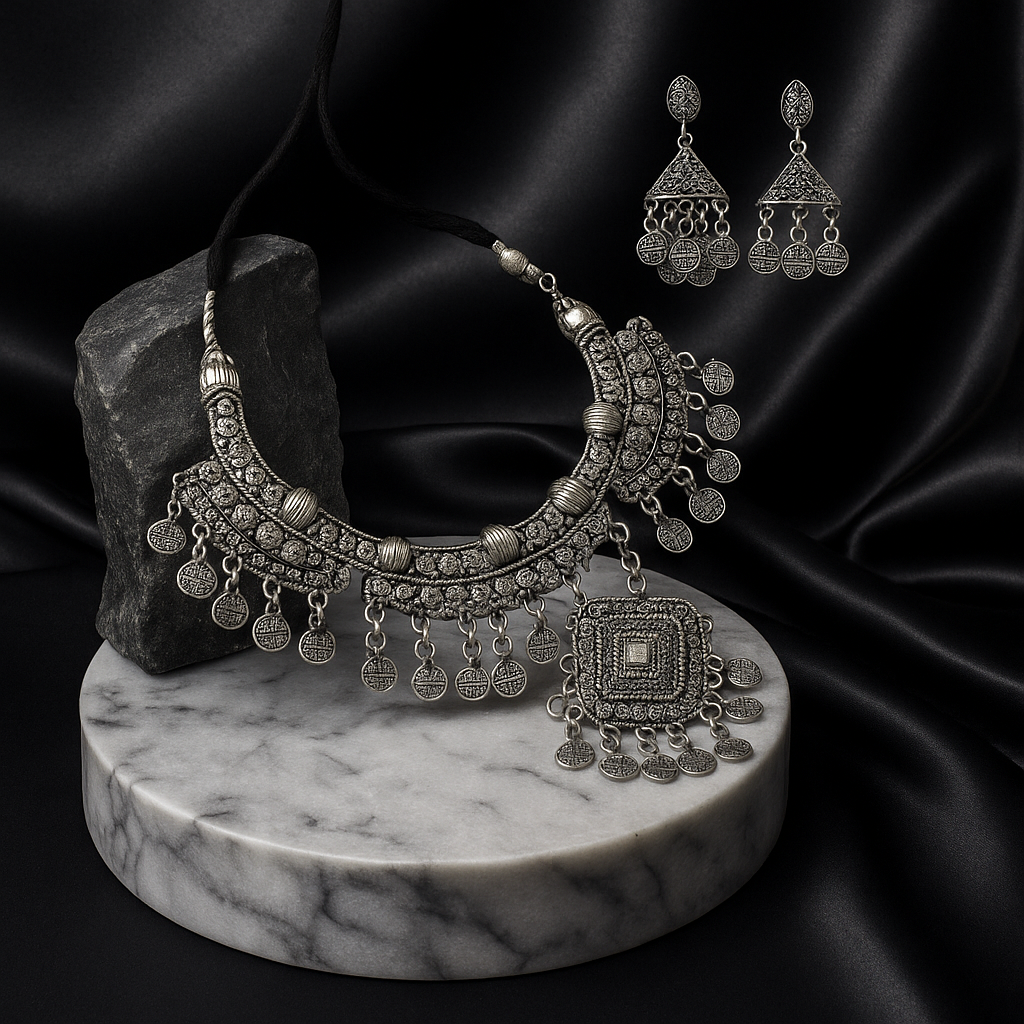 Vintage Boho Oxidized Silver Necklace & Earring Set