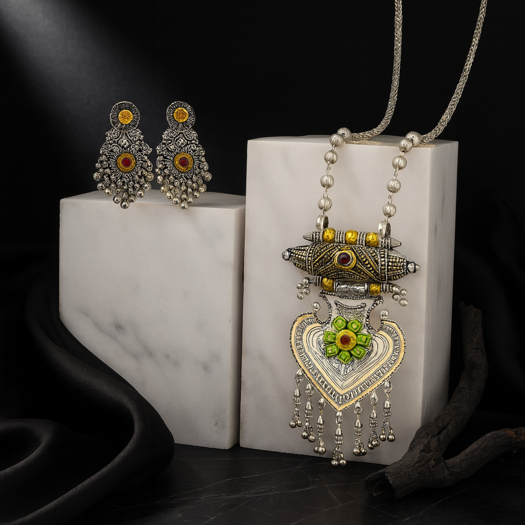 "Aarohi" Oxidized Silver Heart & Floral Pearl Drop Necklace Set