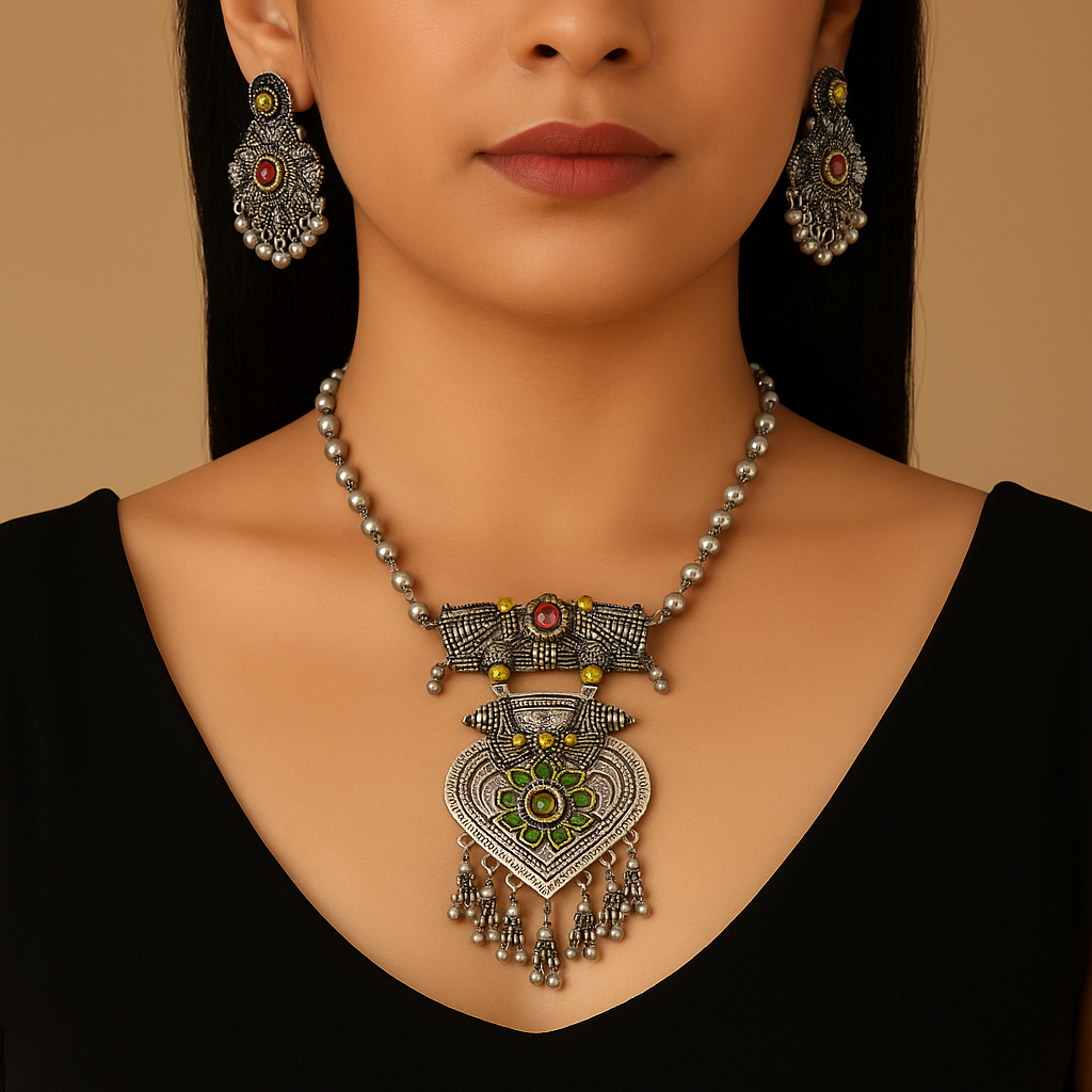 "Aarohi" Oxidized Silver Heart & Floral Pearl Drop Necklace Set