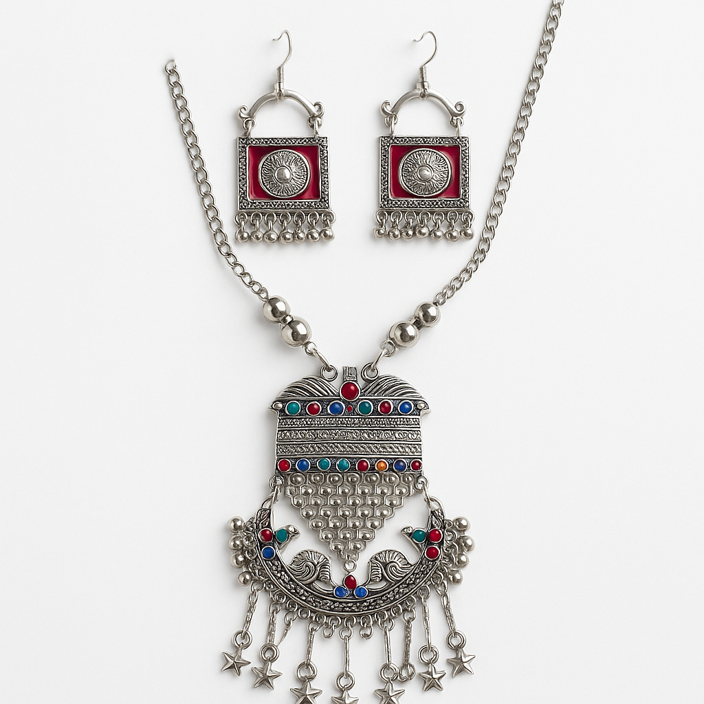 Tribal Charm Oxidized German Silver Necklace Set with Multicolored Stones & Star Drops