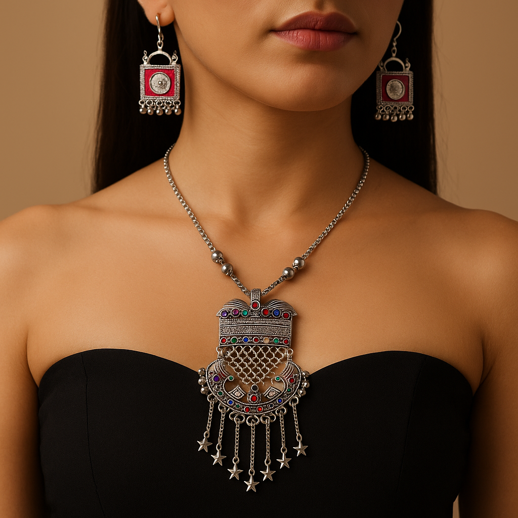 Tribal Charm Oxidized German Silver Necklace Set with Multicolored Stones & Star Drops
