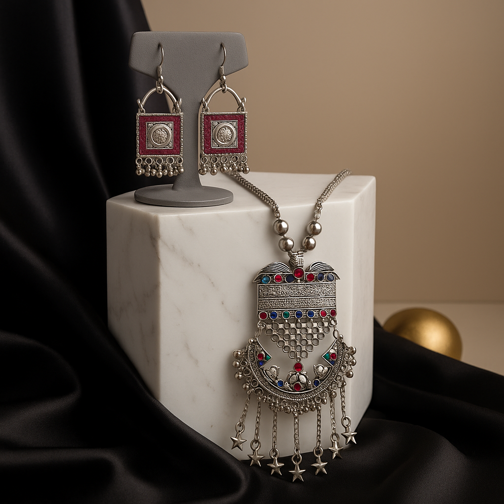 Tribal Charm Oxidized German Silver Necklace Set with Multicolored Stones & Star Drops