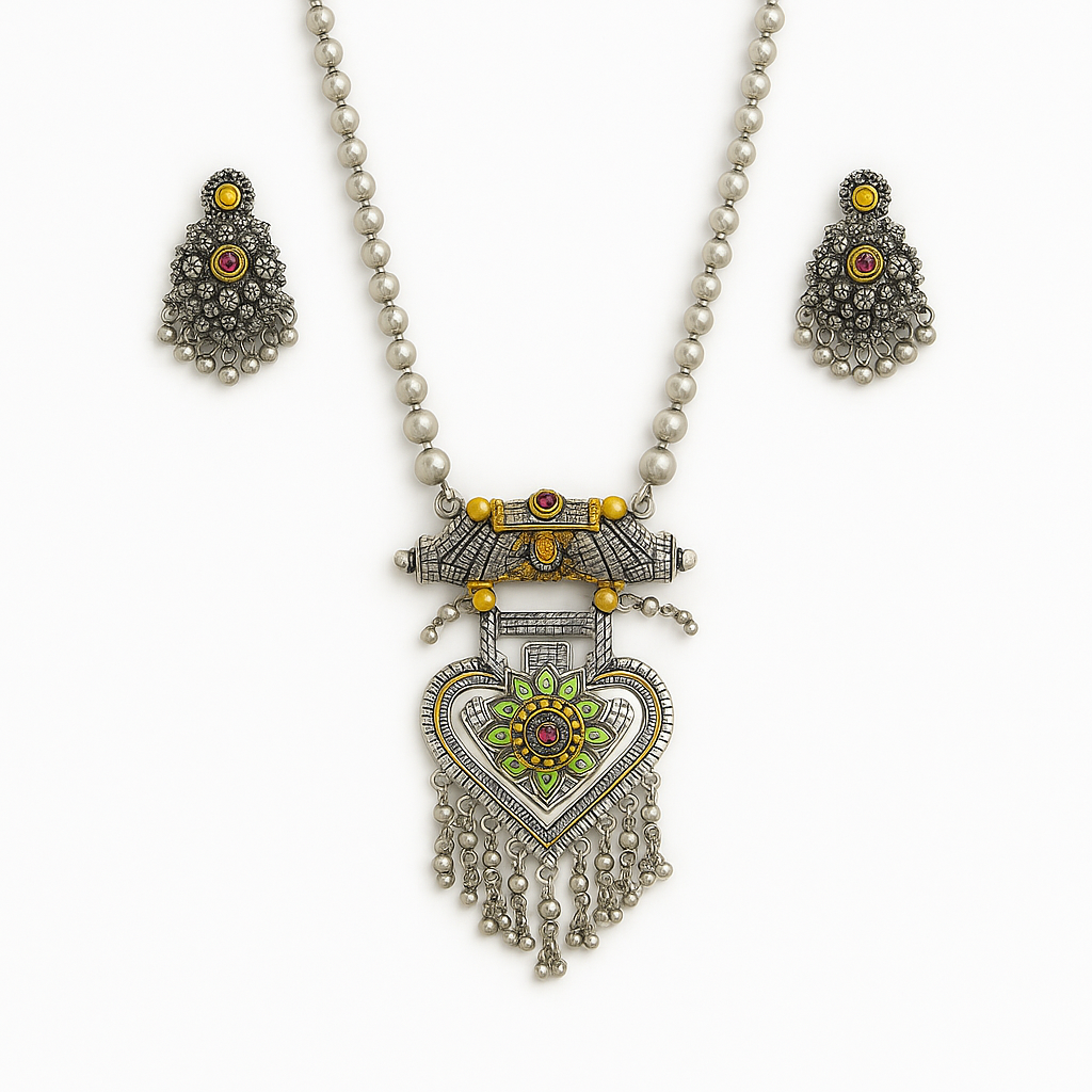 "Aarohi" Oxidized Silver Heart & Floral Pearl Drop Necklace Set
