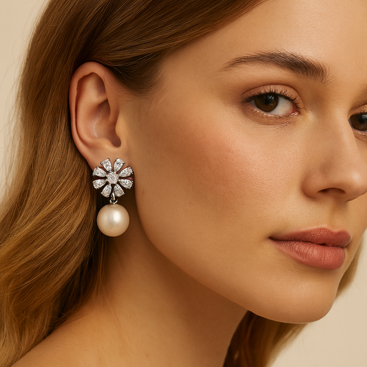 Nadri-inspired Cubic Zirconia Flower & Pearl Drop Earrings