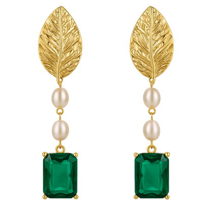 Emerald Enchantress Leaf Pearl Drop Earrings