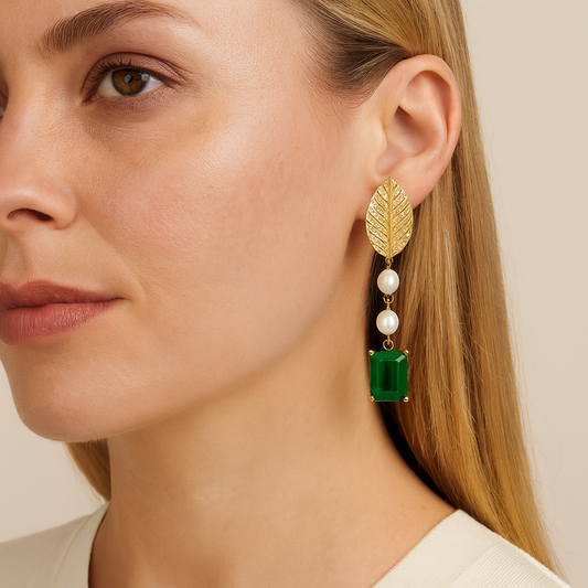 Emerald Enchantress Leaf Pearl Drop Earrings