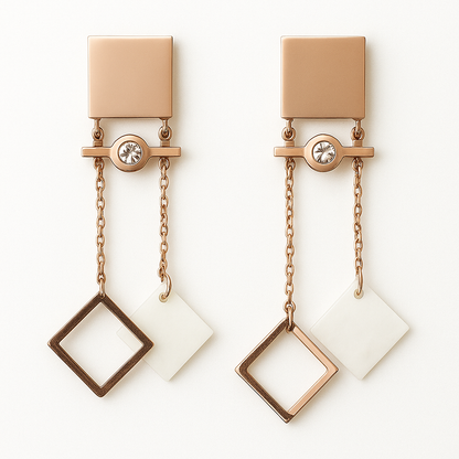 Geometric Rose Gold Dangler Earrings with Crystal Accent