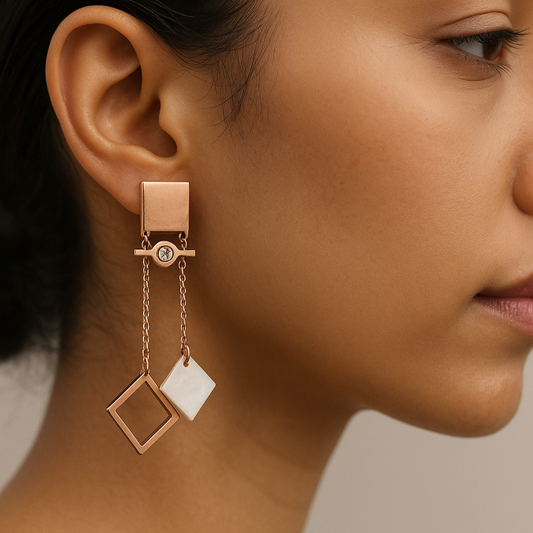 Geometric Rose Gold Dangler Earrings with Crystal Accent