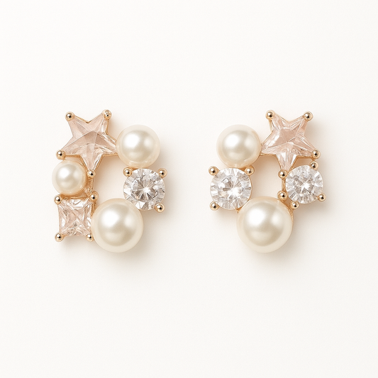 Celestial Sparkle Pearl & Star Stud Earrings