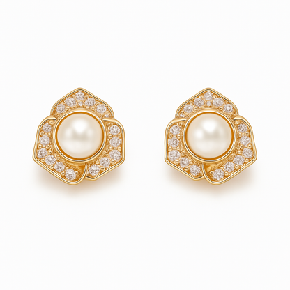 Elegant Rose Gold Pearl & Diamond Bloom Stud Earrings