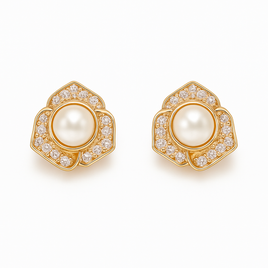 Elegant Rose Gold Pearl & Diamond Bloom Stud Earrings