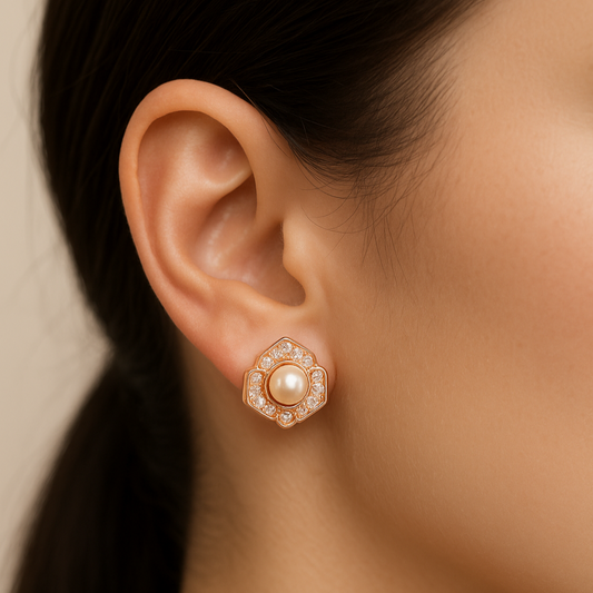 Elegant Rose Gold Pearl & Diamond Bloom Stud Earrings