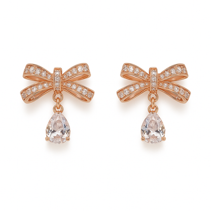 Rose Gold Sparkle Bow & Teardrop Dangle Earrings