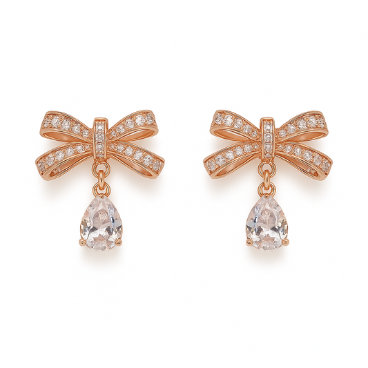 Rose Gold Sparkle Bow & Teardrop Dangle Earrings