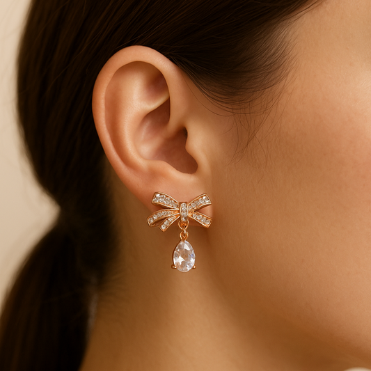 Rose Gold Sparkle Bow & Teardrop Dangle Earrings