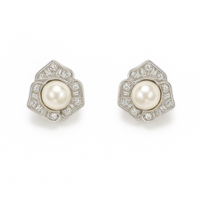 Elegant Rose Gold Pearl & Diamond Bloom Stud Earrings