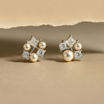 Celestial Sparkle Pearl & Star Stud Earrings