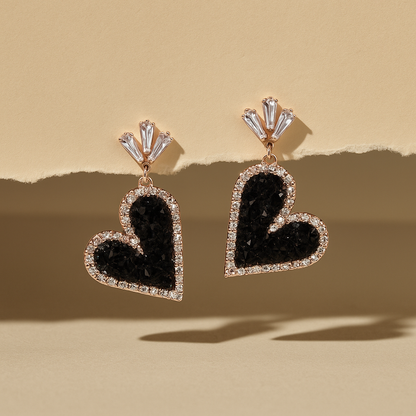 Rose Gold Onyx Heart Dangle Earrings