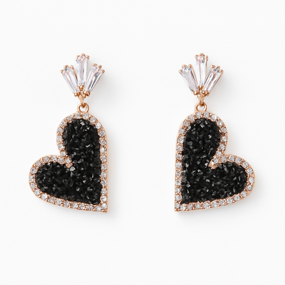 Rose Gold Onyx Heart Dangle Earrings