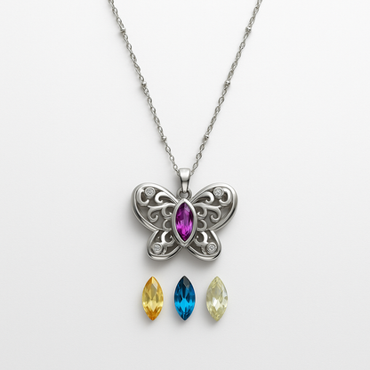 "Flutter & Adorn" Interchangeable Gemstone Butterfly Pendant Necklace