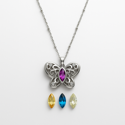"Flutter & Adorn" Interchangeable Gemstone Butterfly Pendant Necklace