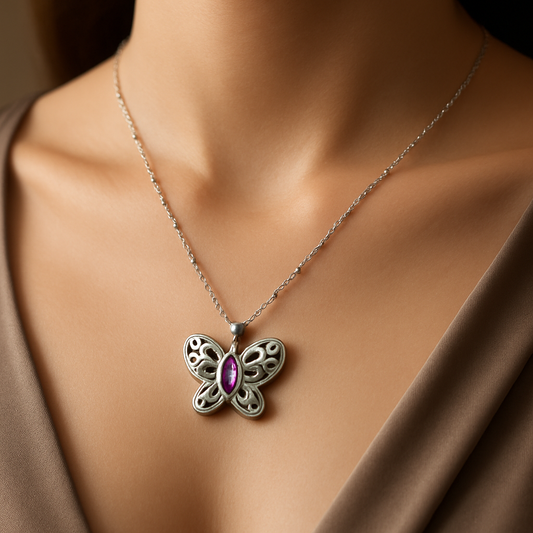 "Flutter & Adorn" Interchangeable Gemstone Butterfly Pendant Necklace