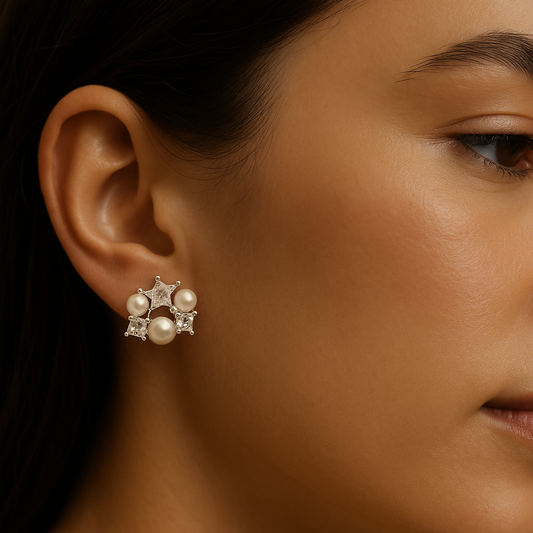 Celestial Pearl & Star Cluster Stud Earrings