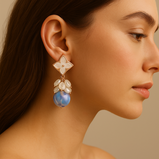 Elegant Blossom Pearl & Blue Agate Drop Earrings
