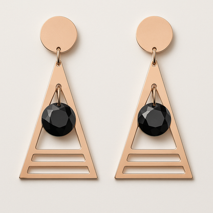 Rose Gold Geometric Triangle Drop Earrings with Black Stone