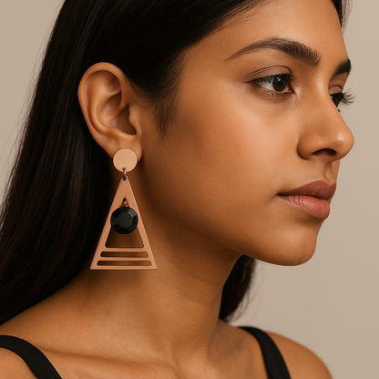 Rose Gold Geometric Triangle Drop Earrings with Black Stone