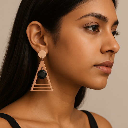 Rose Gold Geometric Triangle Drop Earrings with Black Stone