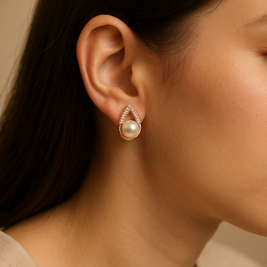 Elegant Teardrop Pearl & Pave Crystal Stud Earrings